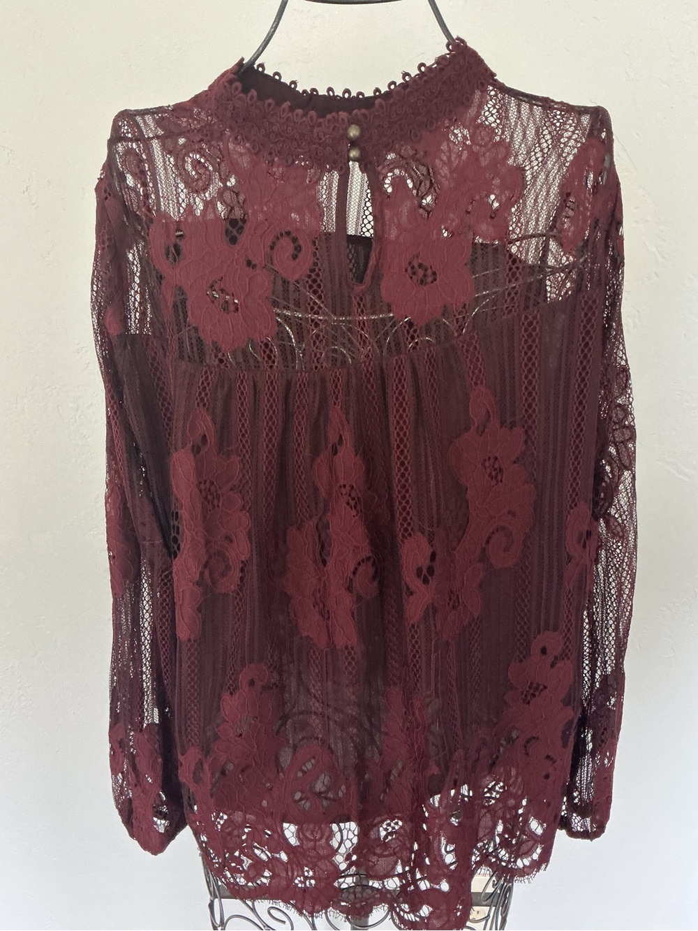 Xhilaration Burgundy Lace High-Neck Long-Sleeve Blouse - Picture 5 of 8